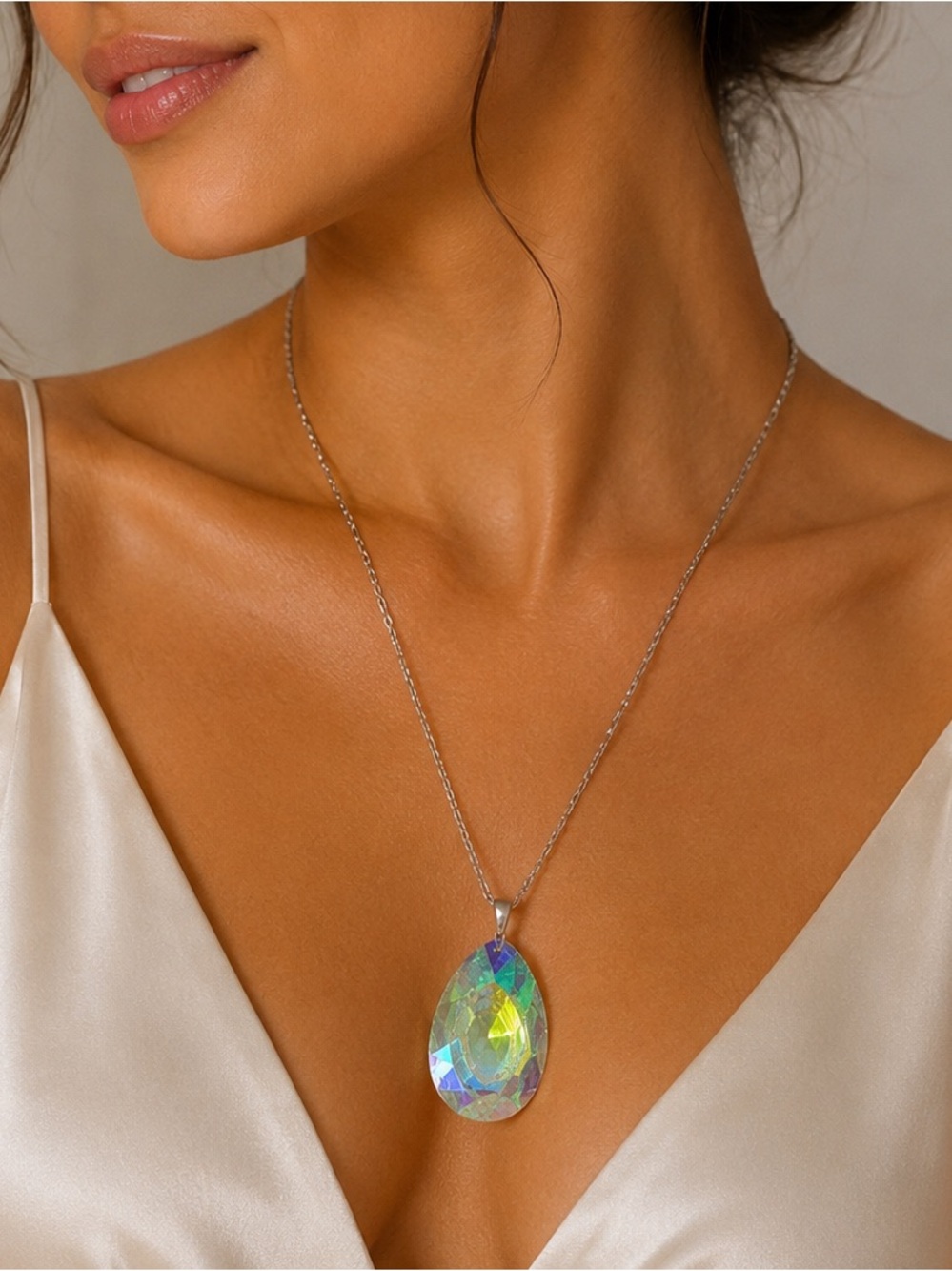 Crystal Teardrop Pendant Necklace - Iridescent